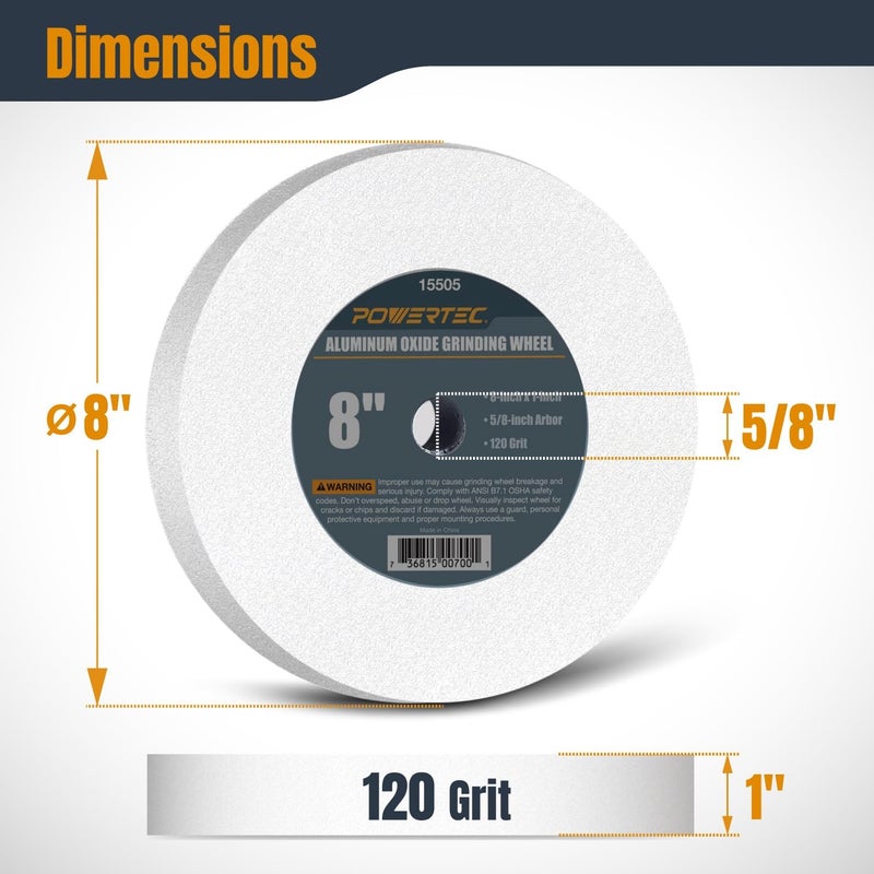 POWERTEC Bench Grinder Wheel 2PK, 8 Inch Grinding Wheel 120 Grit, White Aluminum Oxide, 8 Bench Grinder Wheels for Pedestal & Benches, 1" Thick 5/8" Arbor, Sharpening Shaping Drill Bit Knife -15505-P2 - Image 2